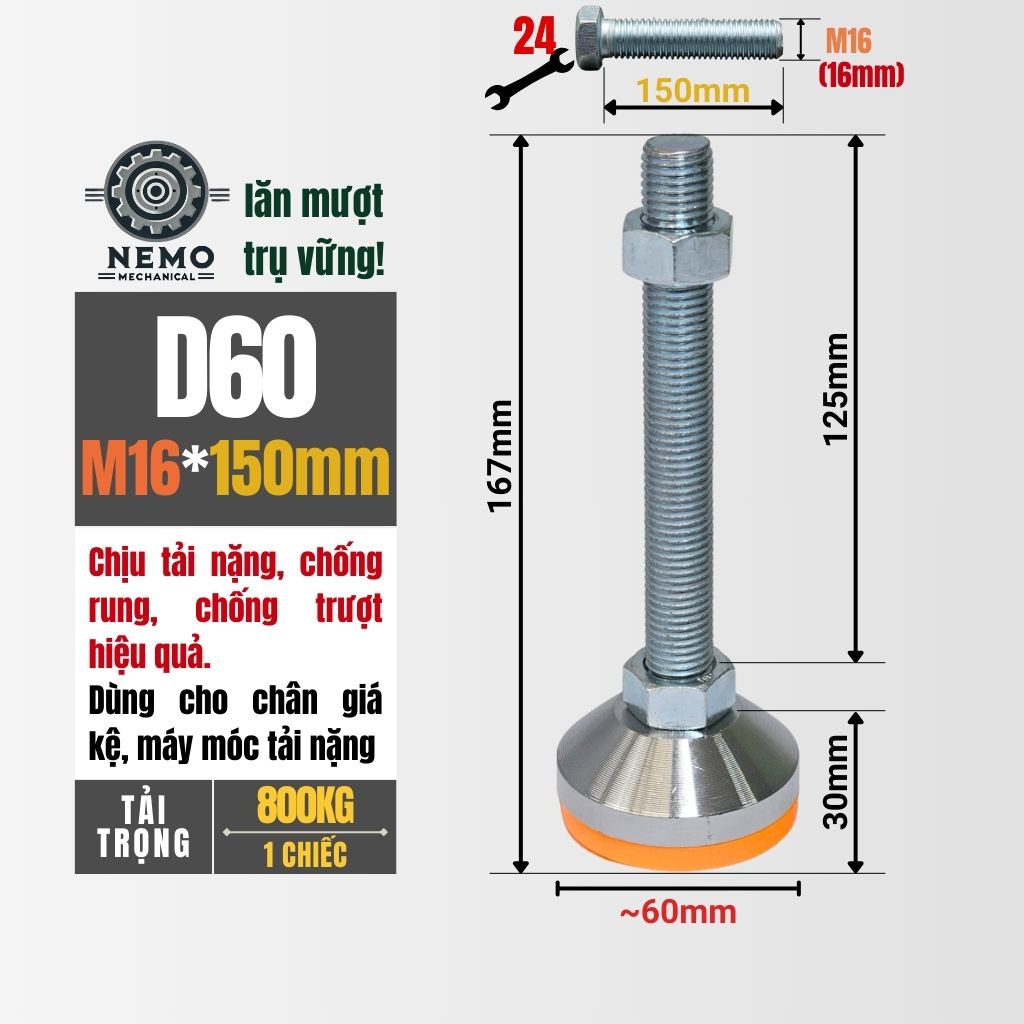 Chân Tăng Chỉnh Chịu Tải Siêu Nặng – Hệ Bulong M16/M20, Chịu Tải 3 Tấn (Bát Thép Mạ Crom)